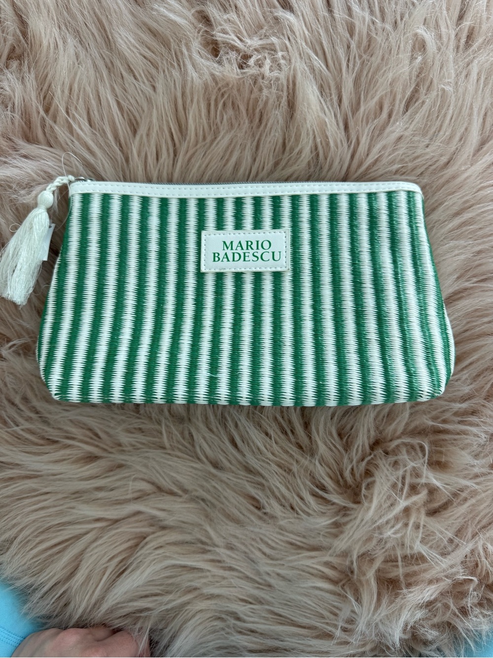 Mario Badescu Green and White Striped Cosmetic Pouch with Tassel